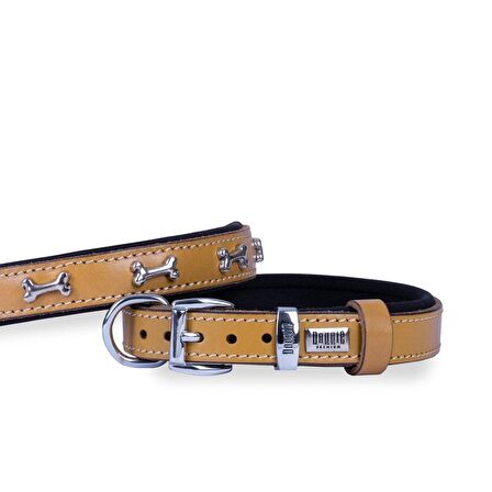 Doggie Konforlu Gerçek Deriden El Yapımı Kemik Süslü Köpek Boyun Tasması 2x30-35cm Camel