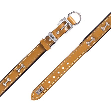Doggie Konforlu Gerçek Deriden El Yapımı Kemik Süslü Köpek Boyun Tasması 2x30-35cm Camel