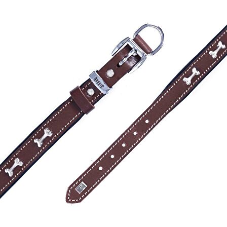 Doggie Konforlu Gerçek Deriden El Yapımı Kemik Süslü Köpek Boyun Tasması 2x35-40cm Kahverengi