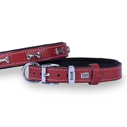 Doggie Konforlu Gerçek Deriden El Yapımı Kemik Süslü Köpek Boyun Tasması 2x35-40cm Kırmızı