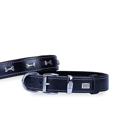 Doggie Konforlu Gerçek Deriden El Yapımı Kemik Süslü Köpek Boyun Tasması 2,5x37-45cm Siyah