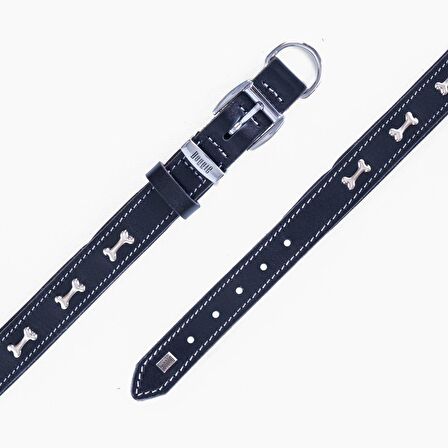 Doggie Konforlu Gerçek Deriden El Yapımı Kemik Süslü Köpek Boyun Tasması 2,5x37-45cm Siyah