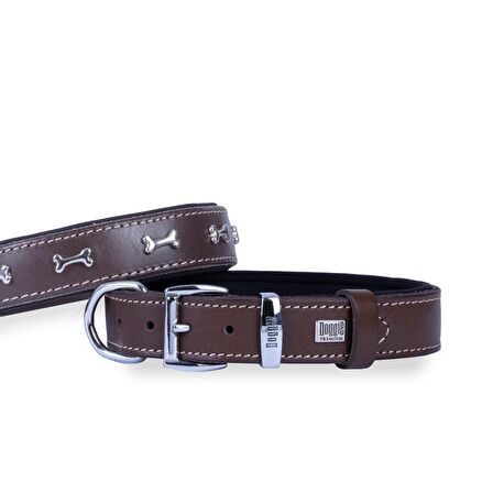 Doggie Konforlu Gerçek Deriden El Yapımı Kemik Süslü Köpek Boyun Tasması 2,5x37-45cm Kahverengi