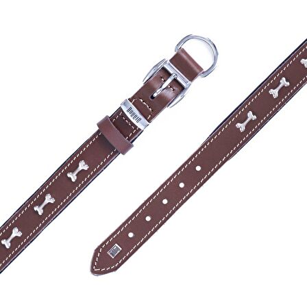 Doggie Konforlu Gerçek Deriden El Yapımı Kemik Süslü Köpek Boyun Tasması 2,5x37-45cm Kahverengi
