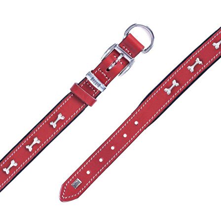 Doggie Konforlu Gerçek Deriden El Yapımı Kemik Süslü Köpek Boyun Tasması 2,5x37-45cm Kırmızı