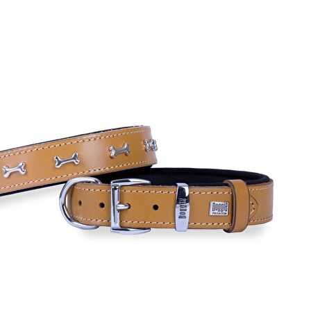 Doggie Konforlu Gerçek Deriden El Yapımı Kemik Süslü Köpek Boyun Tasması 2,5x37-45cm Camel