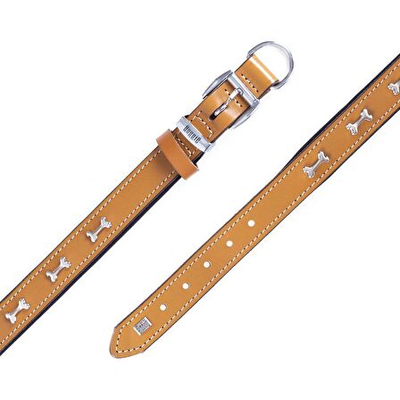 Doggie Konforlu Gerçek Deriden El Yapımı Kemik Süslü Köpek Boyun Tasması 2,5x37-45cm Camel