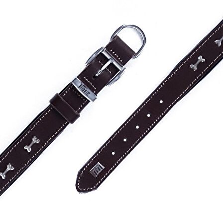 Doggie Konforlu Gerçek Deriden El Yapımı Kemik Süslü Köpek Boyun Tasması 3x42-50cm Kahverengi