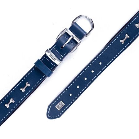 Doggie Konforlu Gerçek Deriden El Yapımı Kemik Süslü Köpek Boyun Tasması 3x42-50cm Royal Mavi