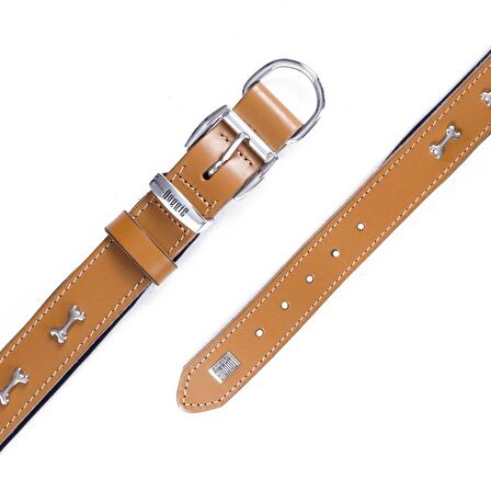 Doggie Konforlu Gerçek Deriden El Yapımı Kemik Süslü Köpek Boyun Tasması 3x42-50cm Camel