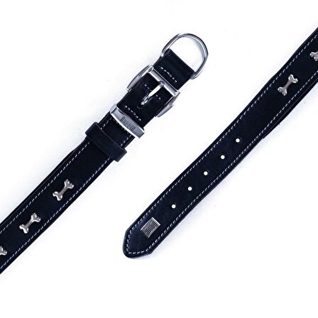Doggie Konforlu Gerçek Deriden El Yapımı Kemik Süslü Köpek Boyun Tasması 3,5x47-55cm Siyah