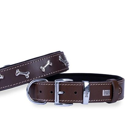 Doggie Konforlu Gerçek Deriden El Yapımı Kemik Süslü Köpek Boyun Tasması 3,5x47-55cm Kahverengi