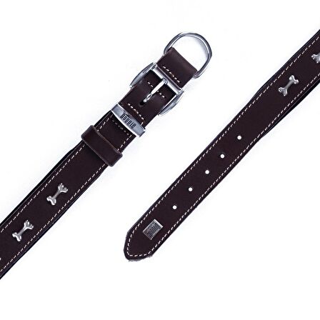 Doggie Konforlu Gerçek Deriden El Yapımı Kemik Süslü Köpek Boyun Tasması 3,5x47-55cm Kahverengi