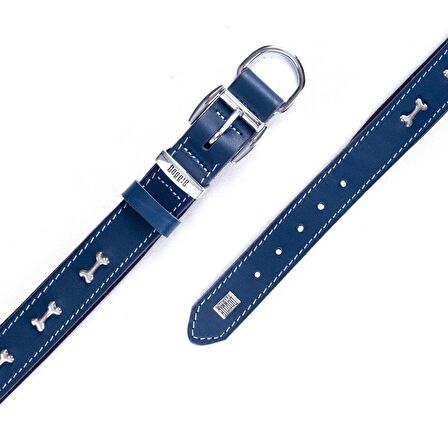 Doggie Konforlu Gerçek Deriden El Yapımı Kemik Süslü Köpek Boyun Tasması 3,5x47-55cm Royal Mavi