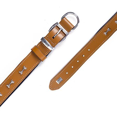 Doggie Konforlu Gerçek Deriden El Yapımı Kemik Süslü Köpek Boyun Tasması 3,5x47-55cm Camel
