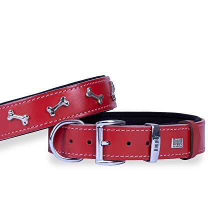 Doggie Konforlu Gerçek Deriden El Yapımı Kemik Süslü Köpek Boyun Tasması 3,5x52-60cm Kırmızı
