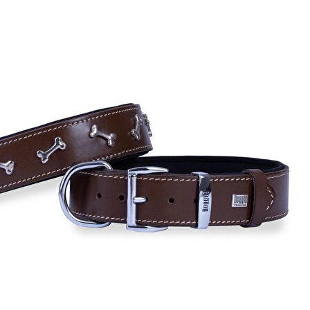 Doggie Konforlu Gerçek Deriden El Yapımı Kemik Süslü Köpek Boyun Tasması 4x57-65cm Kahverengi