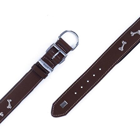 Doggie Konforlu Gerçek Deriden El Yapımı Kemik Süslü Köpek Boyun Tasması 4x57-65cm Kahverengi