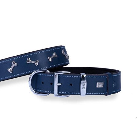 Doggie Konforlu Gerçek Deriden El Yapımı Kemik Süslü Köpek Boyun Tasması 4x57-65cm Royal Mavi