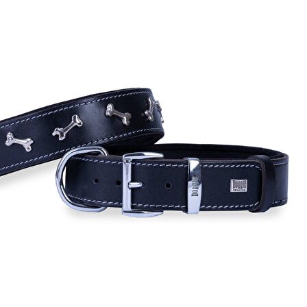 Doggie Konforlu Gerçek Deriden El Yapımı Kemik Süslü Köpek Boyun Tasması 4x47-55cm Siyah