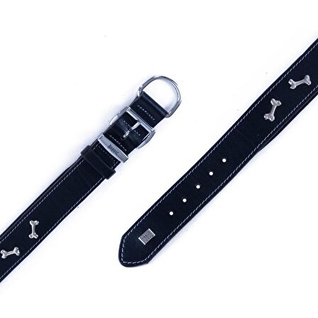 Doggie Konforlu Gerçek Deriden El Yapımı Kemik Süslü Köpek Boyun Tasması 4x47-55cm Siyah
