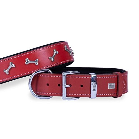 Doggie Konforlu Gerçek Deriden El Yapımı Kemik Süslü Köpek Boyun Tasması 4x47-55cm Kırmızı