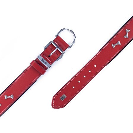 Doggie Konforlu Gerçek Deriden El Yapımı Kemik Süslü Köpek Boyun Tasması 4x47-55cm Kırmızı