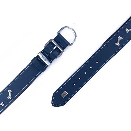 Doggie Konforlu Gerçek Deriden El Yapımı Kemik Süslü Köpek Boyun Tasması 4x47-55cm Royal Mavi