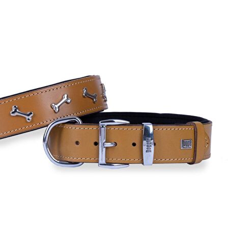 Doggie Konforlu Gerçek Deriden El Yapımı Kemik Süslü Köpek Boyun Tasması 4x47-55cm Camel