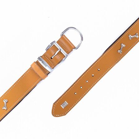 Doggie Konforlu Gerçek Deriden El Yapımı Kemik Süslü Köpek Boyun Tasması 4x47-55cm Camel