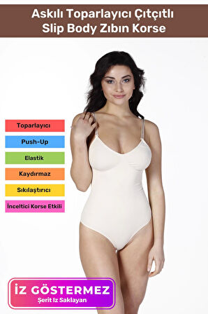 İz Saklayan Lazer Kesim İnceltici Etkili Push-Up Askılı Toparlayıcı Çıtçıtlı Slip Body Zıbın Korse