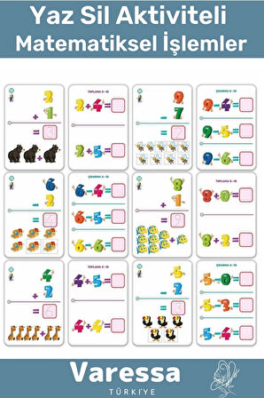 Özel Eğitici Set Serisi Zeka Geliştirici 4 İşlem Eğlence Matematik Sayılar Yaz Sil Aktivite Kartları