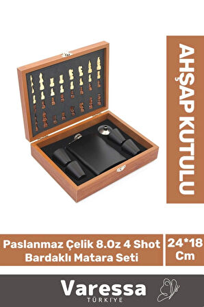 Premium Paslanmaz Çelik 8.Oz 4 Shot Bardaklı Ahşap Kutulu Satrançlı Alkol Deri Matara Seti 24*18 Cm