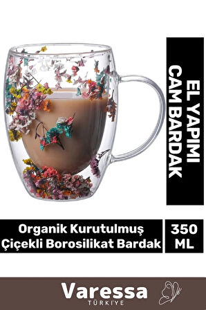 Premium El Yapımı Sıcak Soğuk Dayanıklı Süslü Organik Çiçekli Borosilikat Cam Handmade Bardak 350ml