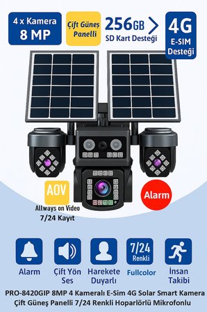 Balandı Pro-8420gıp 8mp 4 Kameralı 4g Aov E-sim Solar Kamera (hıeasy)