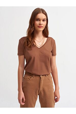 Dilvin V Yaka Basic T-shirt Kahve