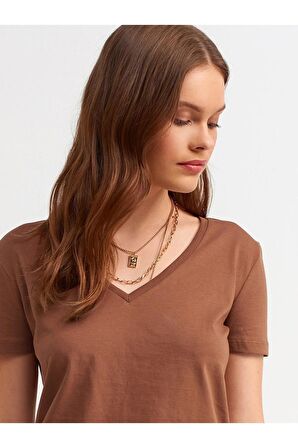Dilvin V Yaka Basic T-shirt Kahve