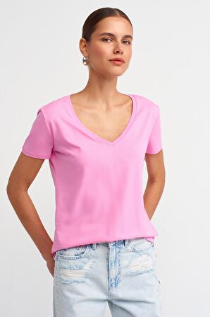 Dilvin V Yaka Basic T-shirt Pembe