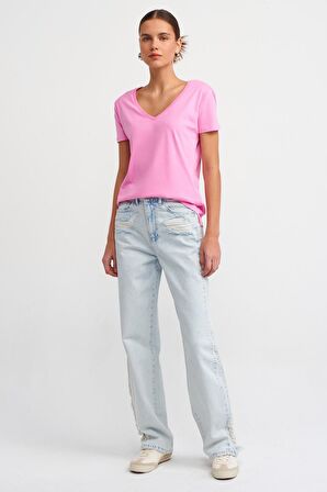 Dilvin V Yaka Basic T-shirt Pembe