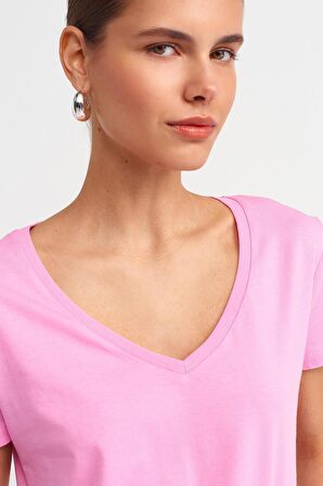 Dilvin V Yaka Basic T-shirt Pembe