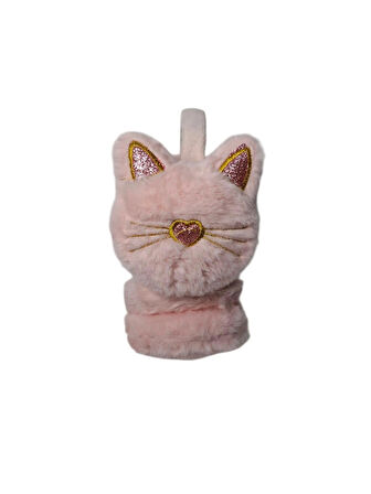 Spteks Kepp Model Kız Çocuk Pembe Renk Kedi Figürlü Sıcak Tutan Kışlık Peluş Kulaklık