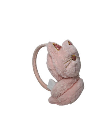 Spteks Kepp Model Kız Çocuk Pembe Renk Kedi Figürlü Sıcak Tutan Kışlık Peluş Kulaklık