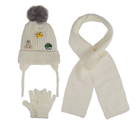 Kitti Bebe Kız Atkı Bere Eldiven Takım (1-4 Yaş) K24160-03 Krem