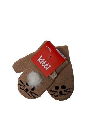 Spteks 1-3 Yaş Kız Çocuk Kahverengi Hayvan Desen Ve Figürlü Kışlık Örme Eldiven