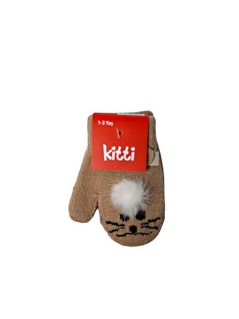 Spteks 1-3 Yaş Kız Çocuk Kahverengi Hayvan Desen Ve Figürlü Kışlık Örme Eldiven