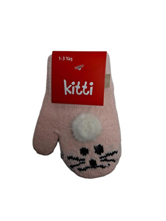 Spteks Kitti 1-3 Yaş Kız Çocuk Açık Pembe Renk Hayvan Desenli Ve Figürlü Kışlık Örme Eldiven