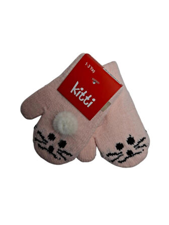 Spteks Kitti 1-3 Yaş Kız Çocuk Açık Pembe Renk Hayvan Desenli Ve Figürlü Kışlık Örme Eldiven