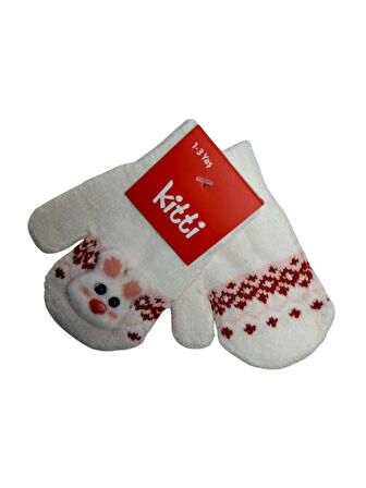 Spteks Kitti 1-3 Yaş Kız Bebe Krem Renk Tavşan Figürlü Kışlık Örme Eldiven