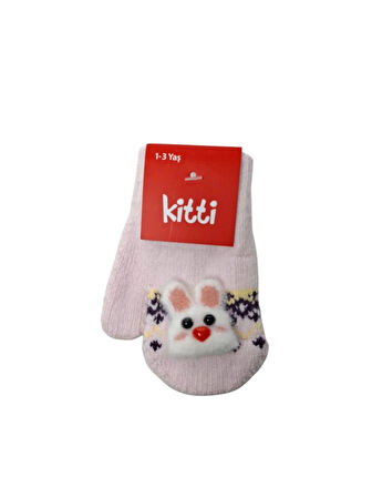 Spteks Kitti 1-3 Yaş Kız Bebe Açık Pembe Tavşan Figürlü Kışlık Örme Eldiven