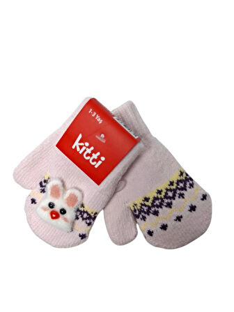 Spteks Kitti 1-3 Yaş Kız Bebe Açık Pembe Tavşan Figürlü Kışlık Örme Eldiven
